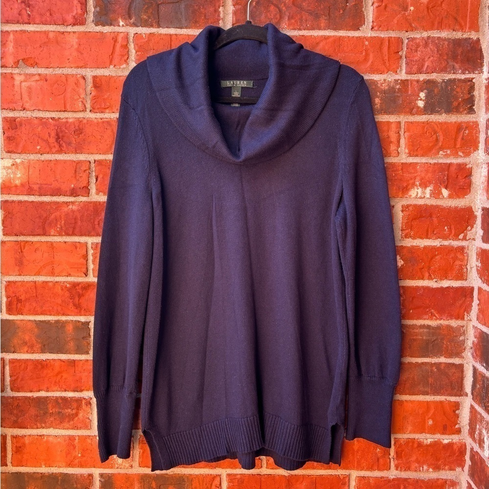 Laure Ralph Lauren Womens Large Navy Wool Blend Turtleneck Sweater Button Sleeve